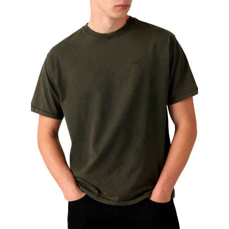 T-shirt en coton vert à coupe droite pourvu d'un col rond finition bord-côte - Image 3