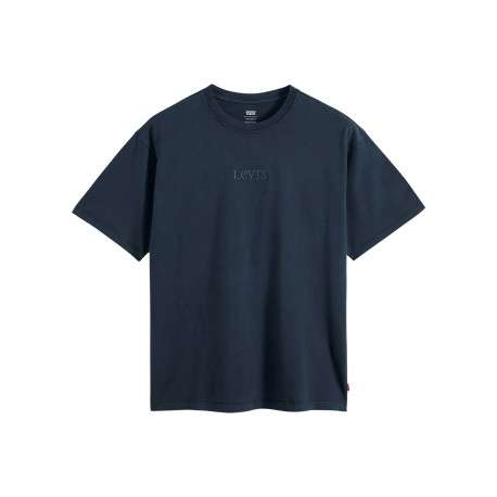T-shirt en coton marine à coupe droite pourvu d'un col rond côtelé