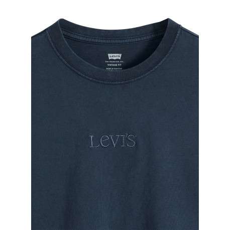 T-shirt en coton marine à coupe droite pourvu d'un col rond côtelé - Image 2