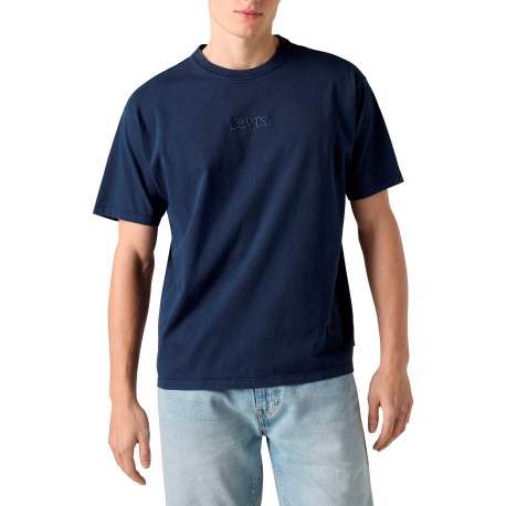 T-shirt en coton marine à coupe droite pourvu d'un col rond côtelé - Image 3