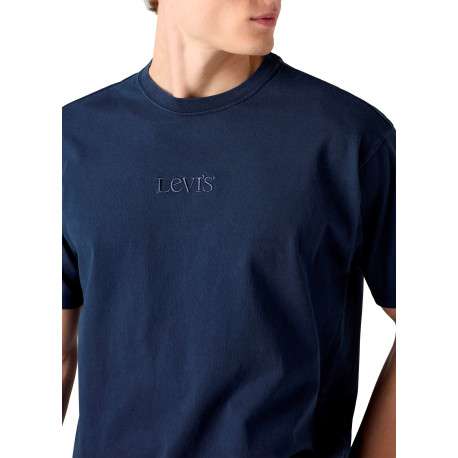 T-shirt en coton marine à coupe droite pourvu d'un col rond côtelé - Image 5