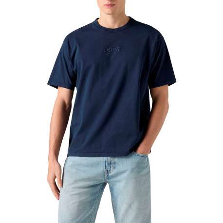 T-shirt en coton marine à coupe droite pourvu d'un col rond côtelé - Image 6