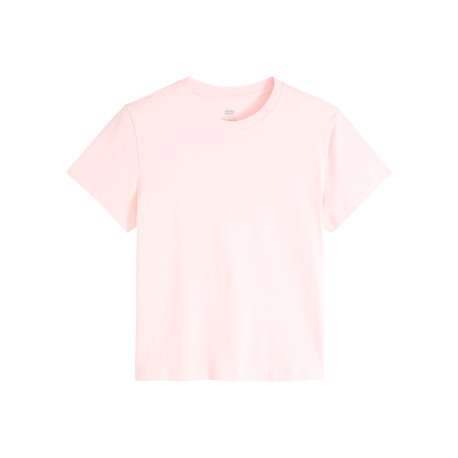 T-shirt en coton rose à coupe droite pourvu d'un col rond côtelé