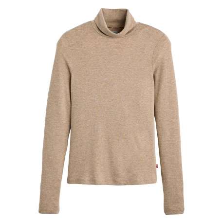T-shirt taupe à coupe ajustée pourvu d'un col roulé et de manches longues
