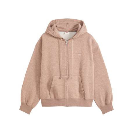 Sweat taupe à coupe droite pourvu d'un col à capuche avec cordon de serrage