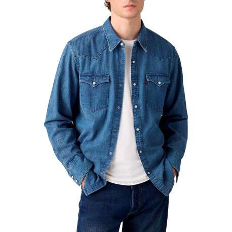 Chemise en coton bleue à coupe droite avec fermeture à boutons pression