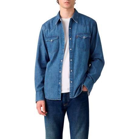 Chemise en coton bleue à coupe droite avec fermeture à boutons pression - Image 4