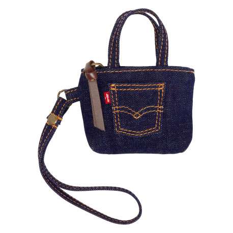 Porte-clés mini sac en coton indigo pourvu d'une dragonne sur le côté