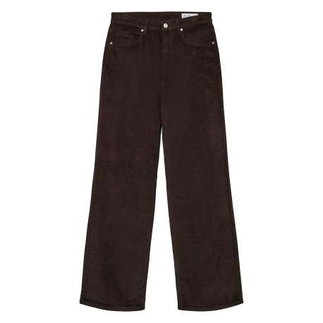 Pantalon en coton chocolat uni avec une coupe flare muni d'un zip et d'un bouton