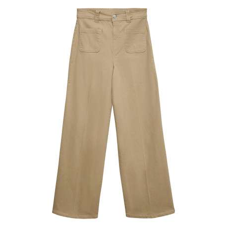 Jean en coton beige uni avec une coupe flare muni d'un zip et d'un bouton