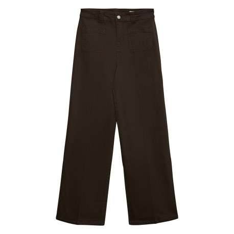 Jean en coton chocolat uni avec une coupe flare muni d'un zip et d'un bouton
