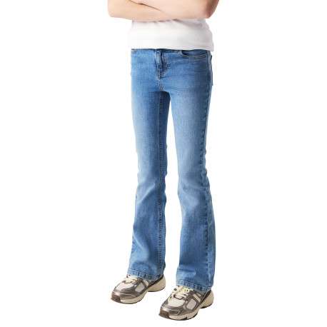 Jean en coton bleu à coupe bootcut muni d'un zip et d'une agrafe