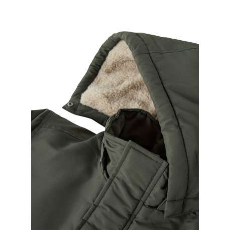 Parka kaki unie avec une coupe large et un col à capuche amovible - Image 3