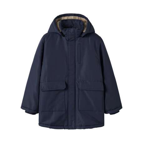 Parka marine unie avec une coupe large et un col à capuche