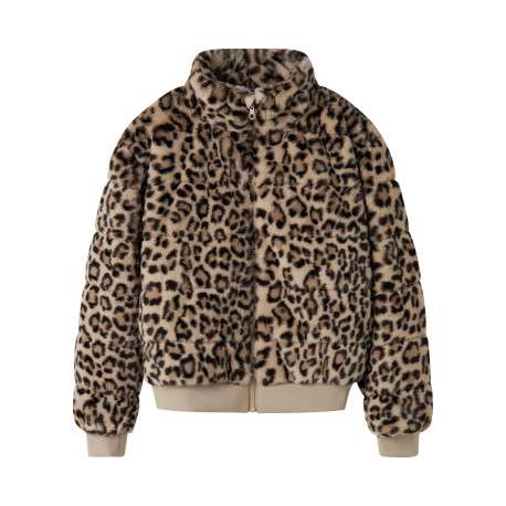Blouson beige à motif animalier avec une coupe droite et un col montant