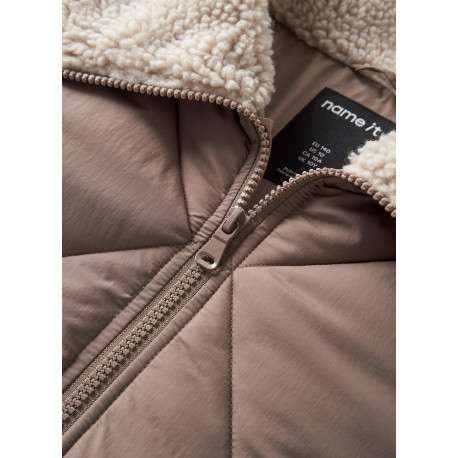 Doudoune taupe unie avec une coupe droite et un col à revers - Image 3