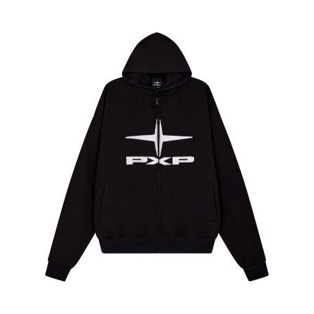 Sweat zippé en coton noir uni avec une coupe droite et un col à capuche
