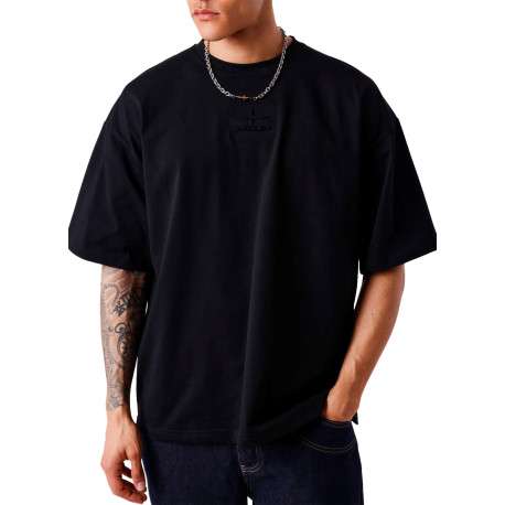 T-shirt en coton noir uni avec une coupe droite et un col rond - Image 3