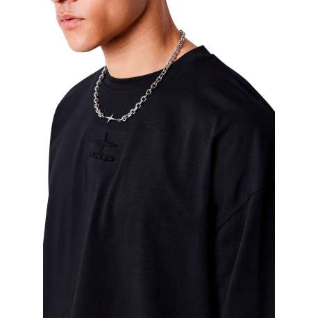 T-shirt en coton noir uni avec une coupe droite et un col rond - Image 5