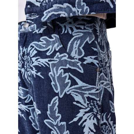 Jean bleu marine muni de motifs floraux avec une coupe large - Image 4