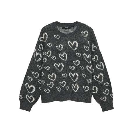 Pull anthracite à motifs pourvu d'une coupe droite et d'un col rond