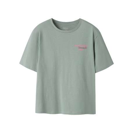 T-shirt en coton biologique kaki à imprimé avec une coupe droite et un col rond