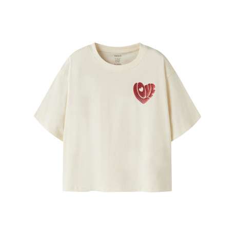 T-shirt en coton écru à imprimé avec une coupe droite et un col rond