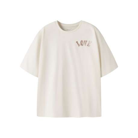 T-shirt en coton biologique écru à imprimé avec une coupe droite et un col rond