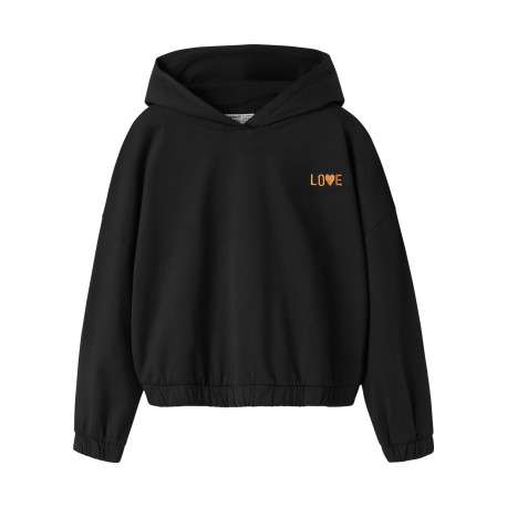 Sweat en coton biologique noir à imprimé avec une coupe droite et une capuche