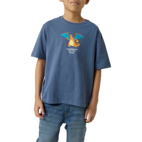 T-shirt en coton biologique indigo à imprimé avec une coupe droite