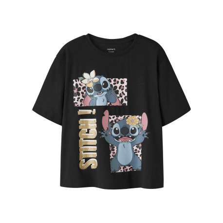 T-shirt en coton noir à imprimé avec une coupe droite et un col rond