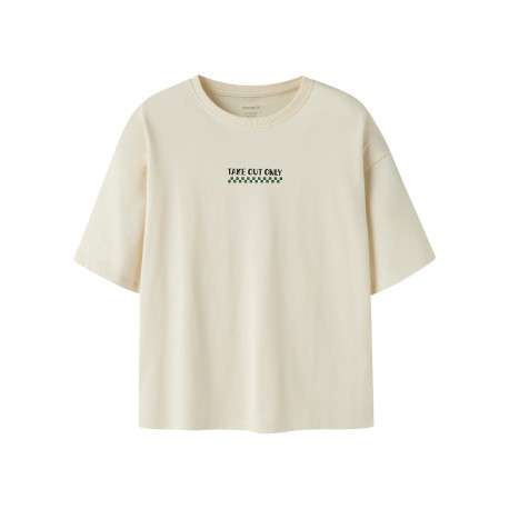 T-shirt en coton biologique écru à imprimé avec une coupe droite et un col rond