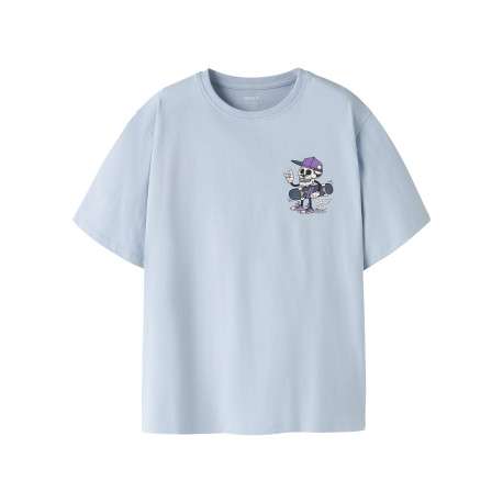 T-shirt en coton biologique bleu à imprimé avec une coupe droite