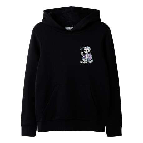 Sweat en coton biologique noir à imprimé avec une coupe droite et une capuche