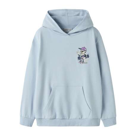 Sweat en coton biologique bleu à imprimé avec une coupe droite et une capuche