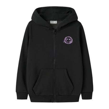 Sweat zippé en coton biologique mélangé noir à imprimé avec une coupe droite