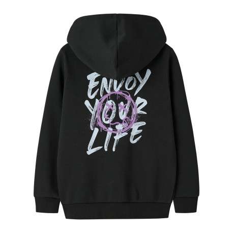 Sweat zippé en coton biologique mélangé noir à imprimé avec une coupe droite - Image 2
