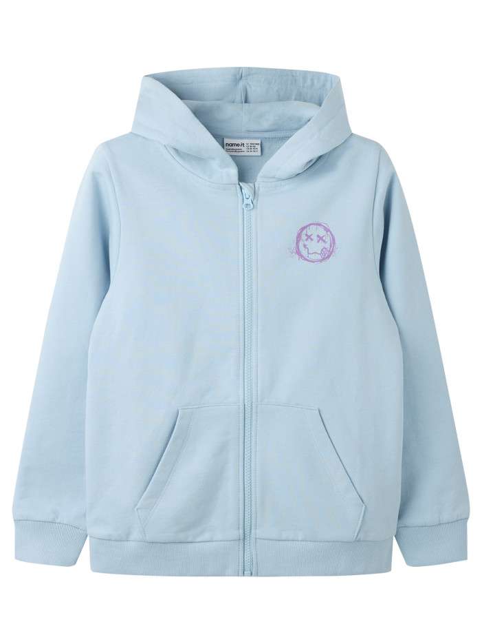 Sweat zippé en coton biologique mélangé bleu à imprimé avec une coupe droite