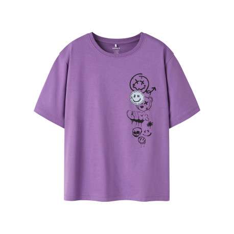 T-shirt en coton biologique violet à imprimé avec une coupe droite