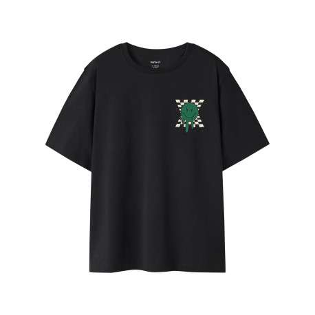T-shirt en coton biologique noir à imprimé avec une coupe droite et un col rond