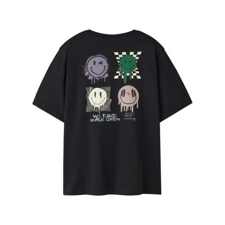 T-shirt en coton biologique noir à imprimé avec une coupe droite et un col rond - Image 2