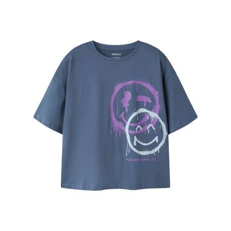 T-shirt en coton biologique indigo à imprimé avec une coupe droite