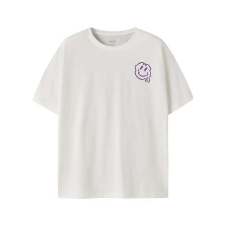 T-shirt en coton biologique blanc à imprimé avec une coupe droite et un col rond