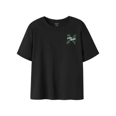 T-shirt en coton biologique noir à imprimé avec une coupe droite et un col rond