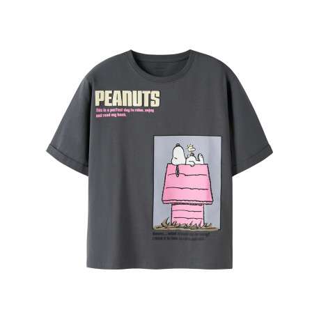 T-shirt en coton anthracite à imprimé avec une coupe droite et un col rond