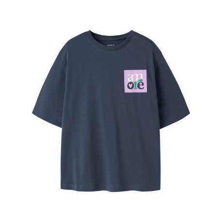 T-shirt en coton biologique marine à imprimé avec une coupe droite