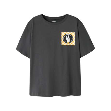 T-shirt en coton biologique anthracite à imprimé avec une coupe droite