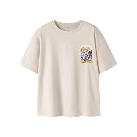 T-shirt en coton biologique écru à imprimé avec une coupe droite