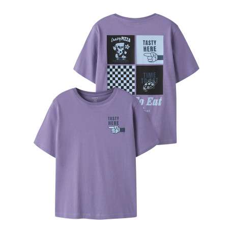 T-shirt en coton biologique violet à imprimé avec une coupe droite