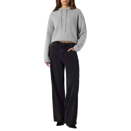 Pull gris clair uni à coupe droite avec un col à capuche et des manches longues - Image 4